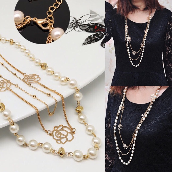 Multi Strand Rose Gold Lotus Flower Chain & Pearl 3 Row Waterfall Necklace - Picture 1 of 5